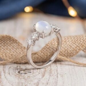 Moonstone Minimalist Ring S925 Sterling Silver Genuine Gemstone & CZ Stones